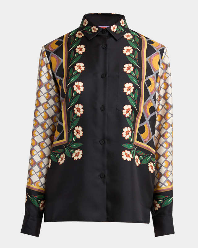 Place-Print Silk Button-Down Boy Shirt